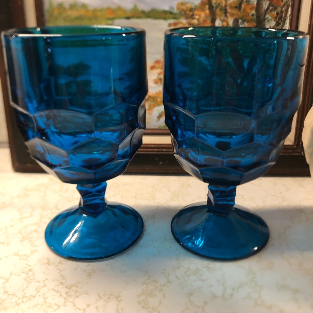 Vintage Blue Footed Wine Glasses Water Goblets